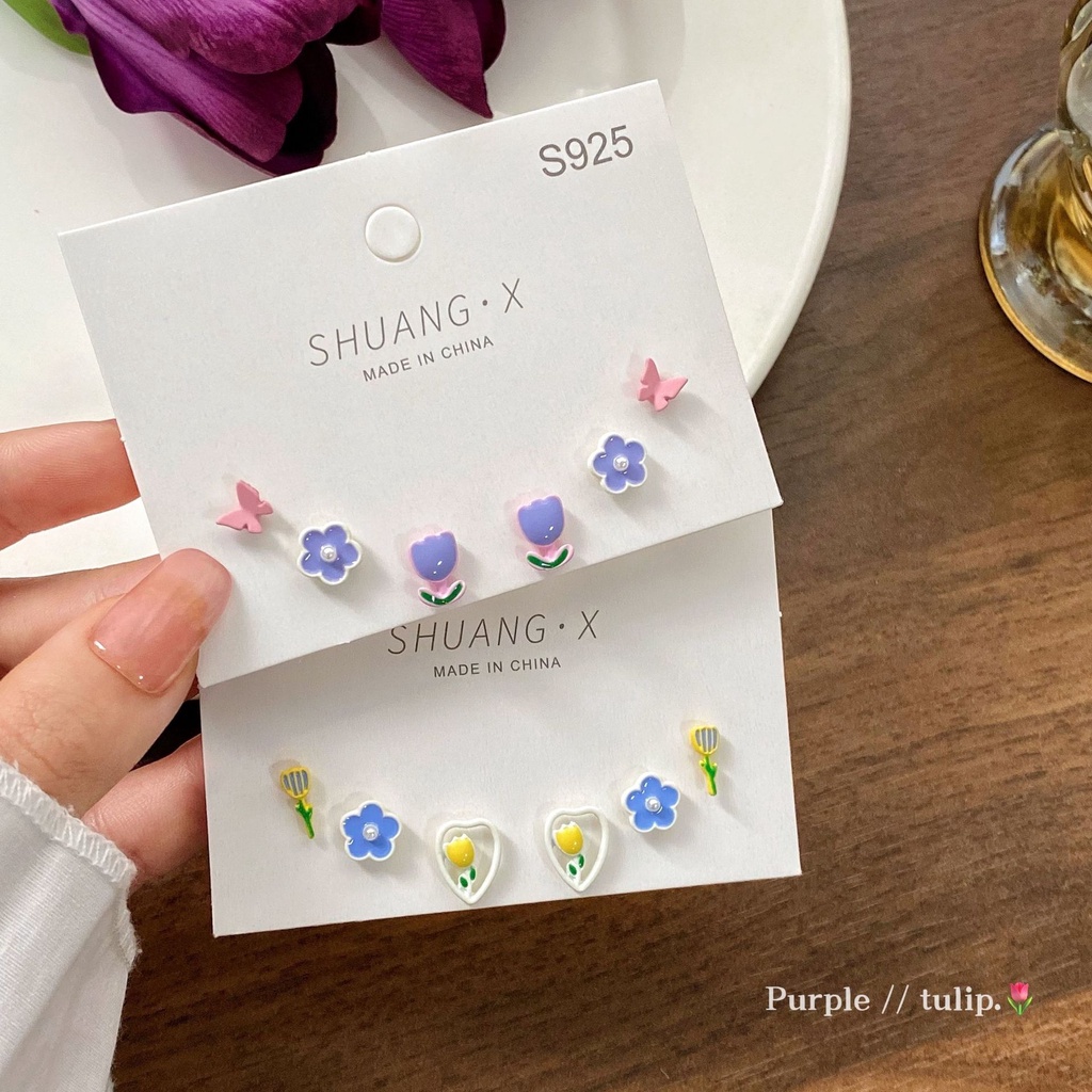 Set khuyên tai AY mạ bạc S925 thiết kế tulip hoa bướm đá pha lê nhân tạo nhiều màu sắc tùy chọn thời trang cho nữ