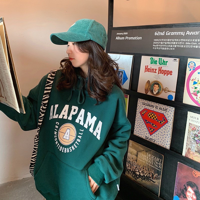 Áo Hoodie Form Rộng Unisex Tay Bồng Nam Nữ IN chữ ALABAMA màu xanh lá, Áo khoác Sweater Chất Nỉ Dày dặn ulzzang