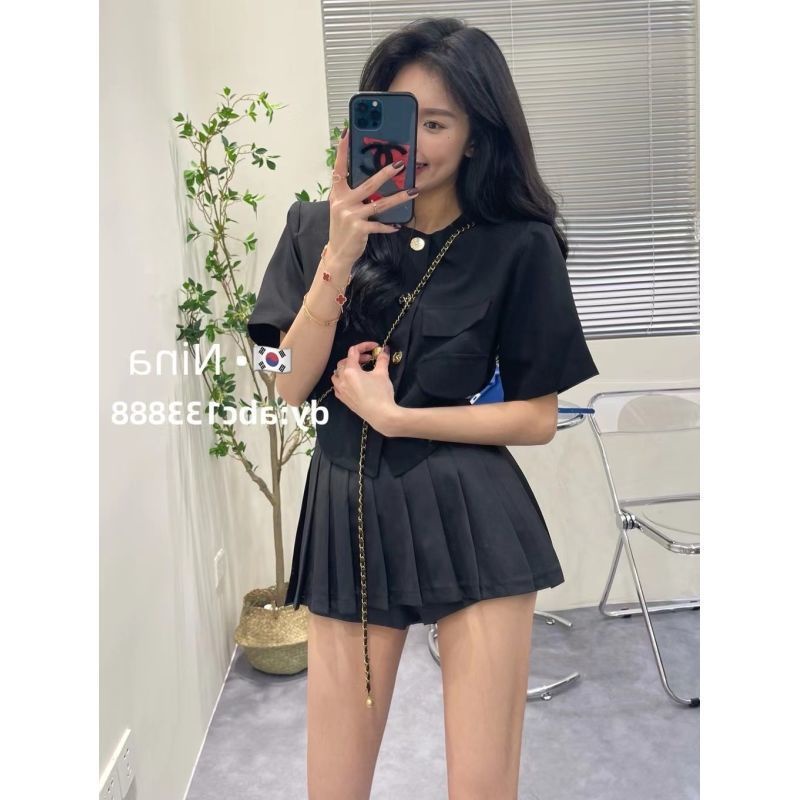 Hot!F &amp; X Set Áo Sơ Mi Phối Chân Váy Xếp Ly Eo Cao Thời Trang Mùa Hè Phong Cách Hàn Quốc Dành Cho Nữ