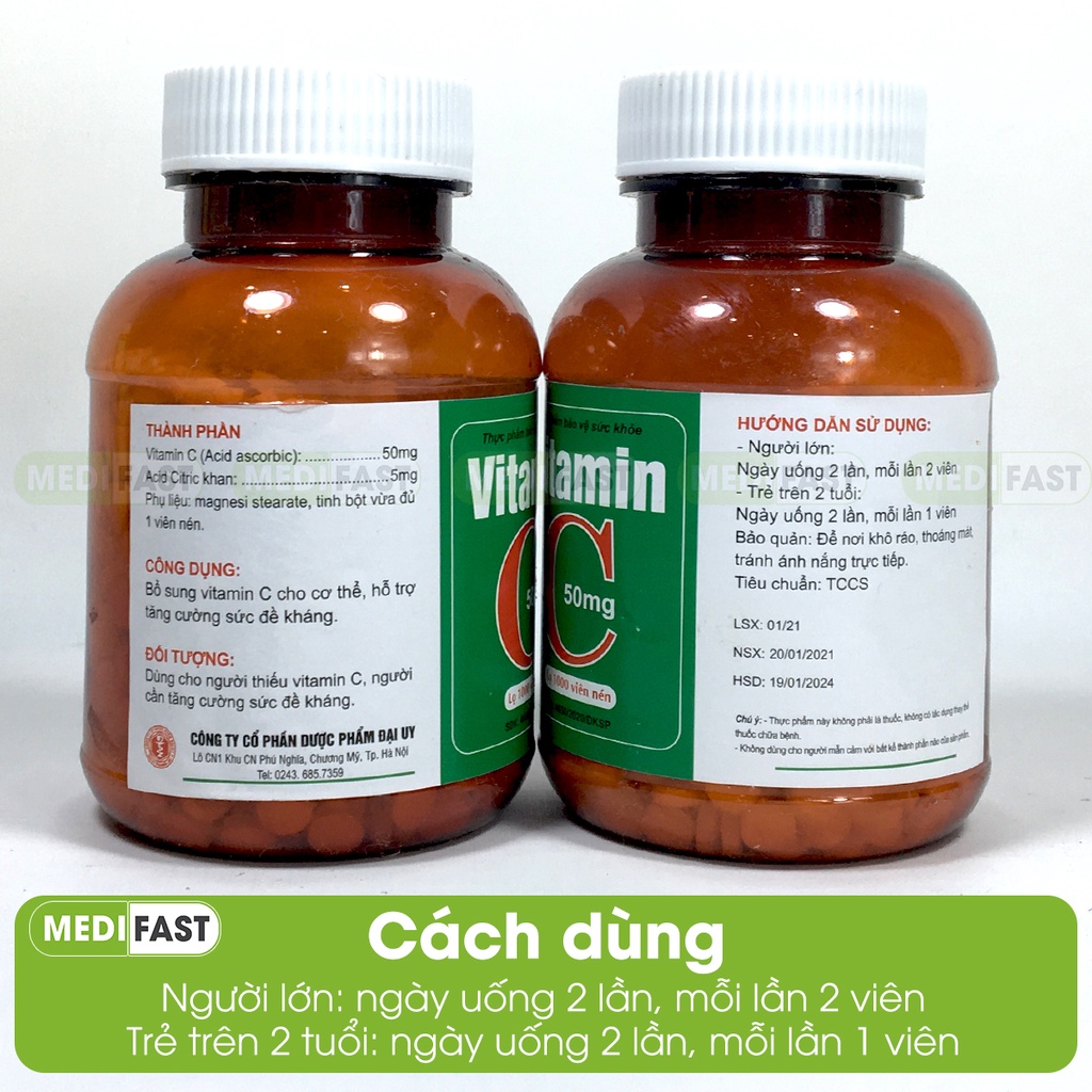 Bổ sung Vitamin C cho cơ thể - Vitamin C 50mg lọ 1000 viên nén - tăng cường sức đề kháng, giảm chảy máu cam