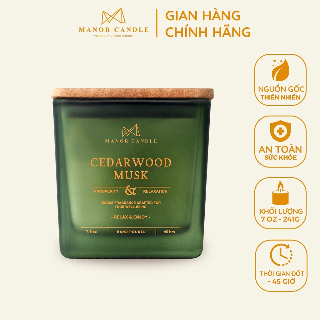 Nến Thơm Cedarwood Musk Size 7 OZ Hương Gỗ Tuyết Tùng Đỏ Phản Với Bưởi Trắng Trên Rừng Vàng Xạ Hương , Manor Candle