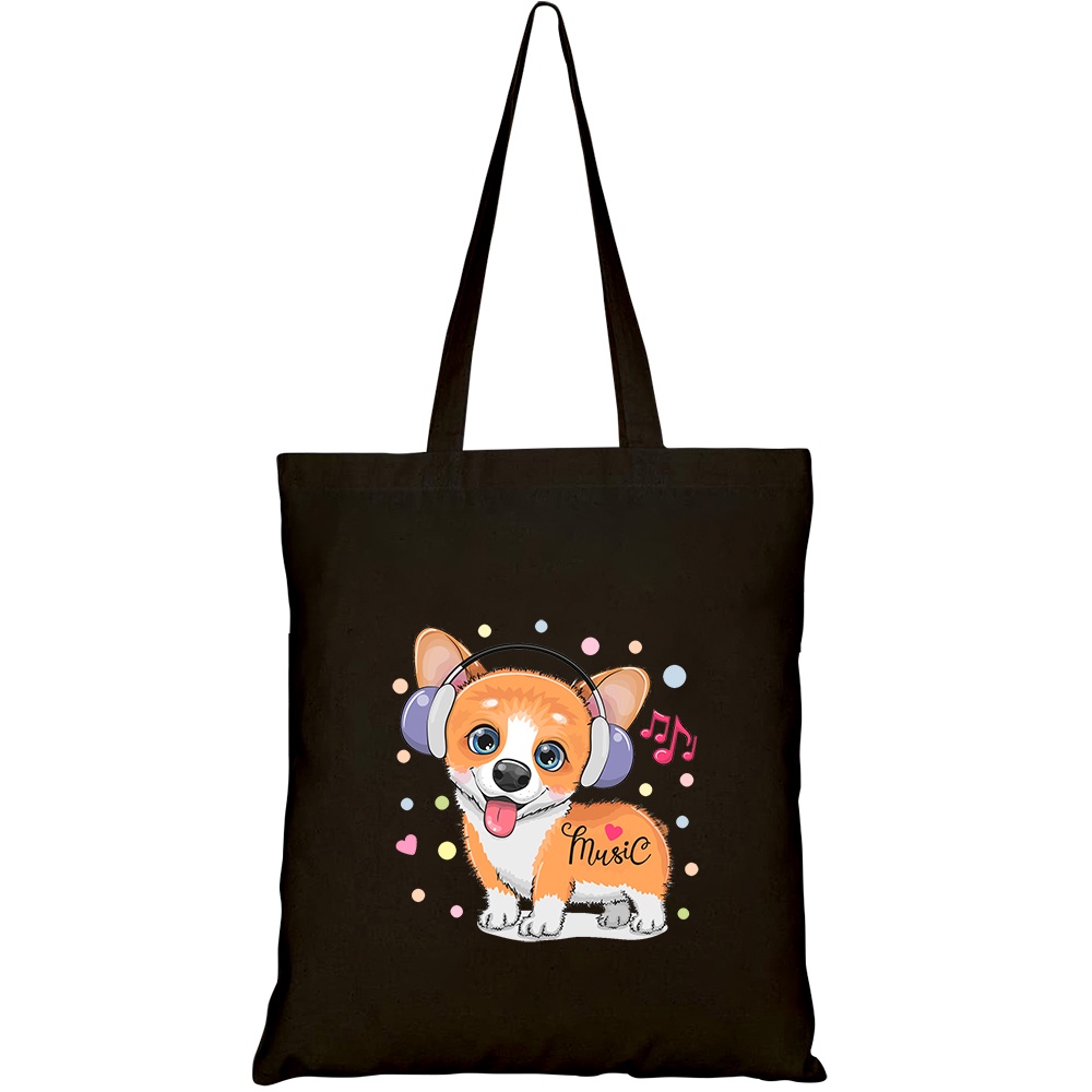Túi vải tote canvas HTFashion in hình cute cartoon corgi dog headphones HT380