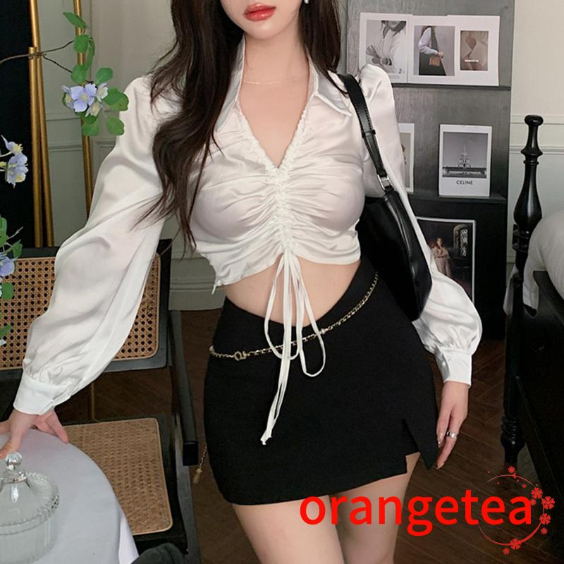 Áo Thun Crop Top Tay Dài Phồng Cổ Chữ V Màu Trơn Phối Dây Rút Phía Trước Cho Nữ