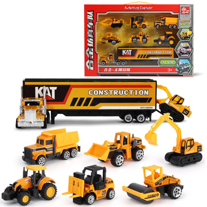 Bộ xe tải và 6 xe công trình die cast mini đồ chơi trẻ em mô hình tỉ lệ 1:64