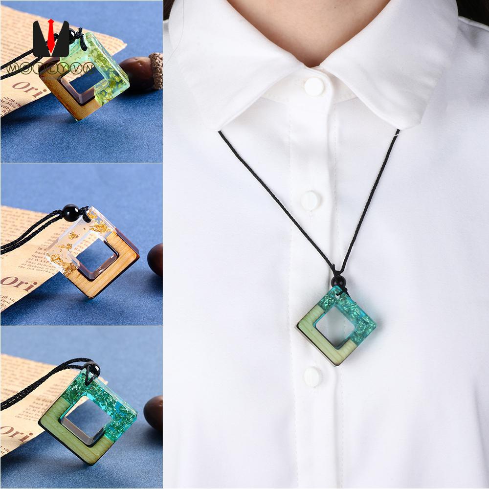 Dây chuyền mặt dây hình vuông bằng nhựa resin và gỗ cho nam nữ