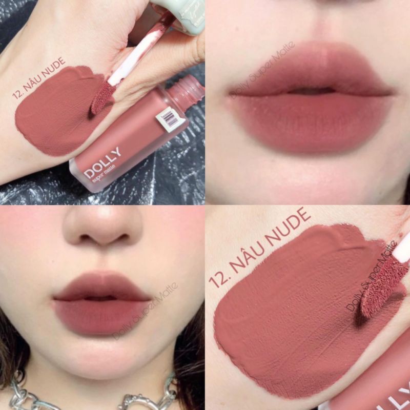 Son kem lì Dolly super matte không chì mềm môi tont tây màu số 12 Nâu tây_Nâu nude