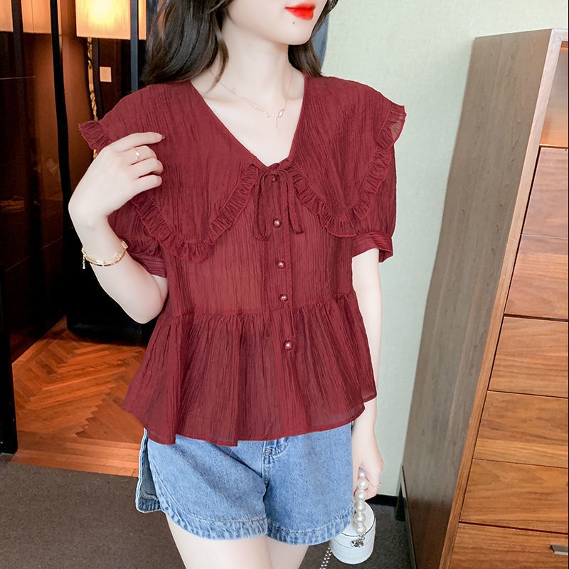 Áo Kiểu Tay Phồng Ngắn Cổ Bèo Phong Cách Pháp Thời Trang Mùa Hè Xinh Xắn Cho Nữ