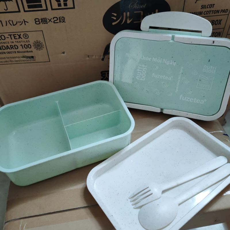 Bộ hộp cơm lúa mạch kèm thìa dĩa xanh mint siêu dễ thương, tiện lợi