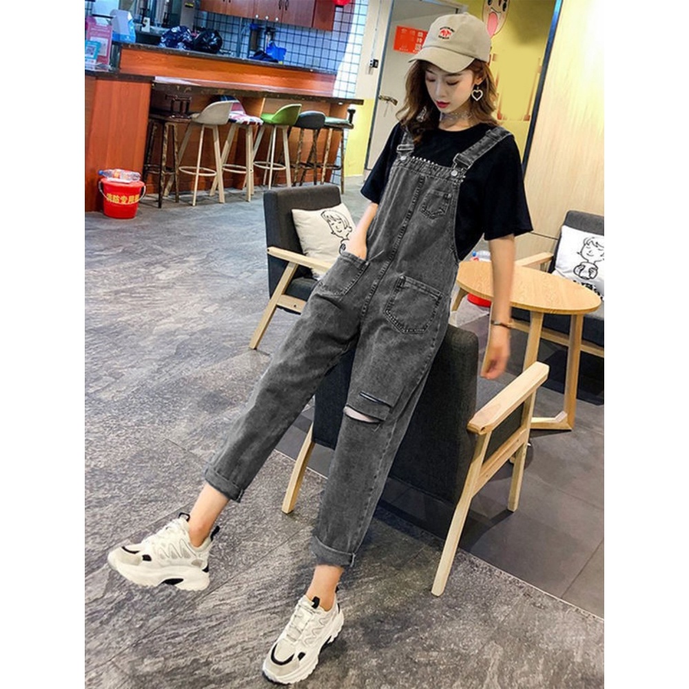 Yếm jean dài nữ HARUKUN xám nhạt rách YJ004 phong cách hàn quốc