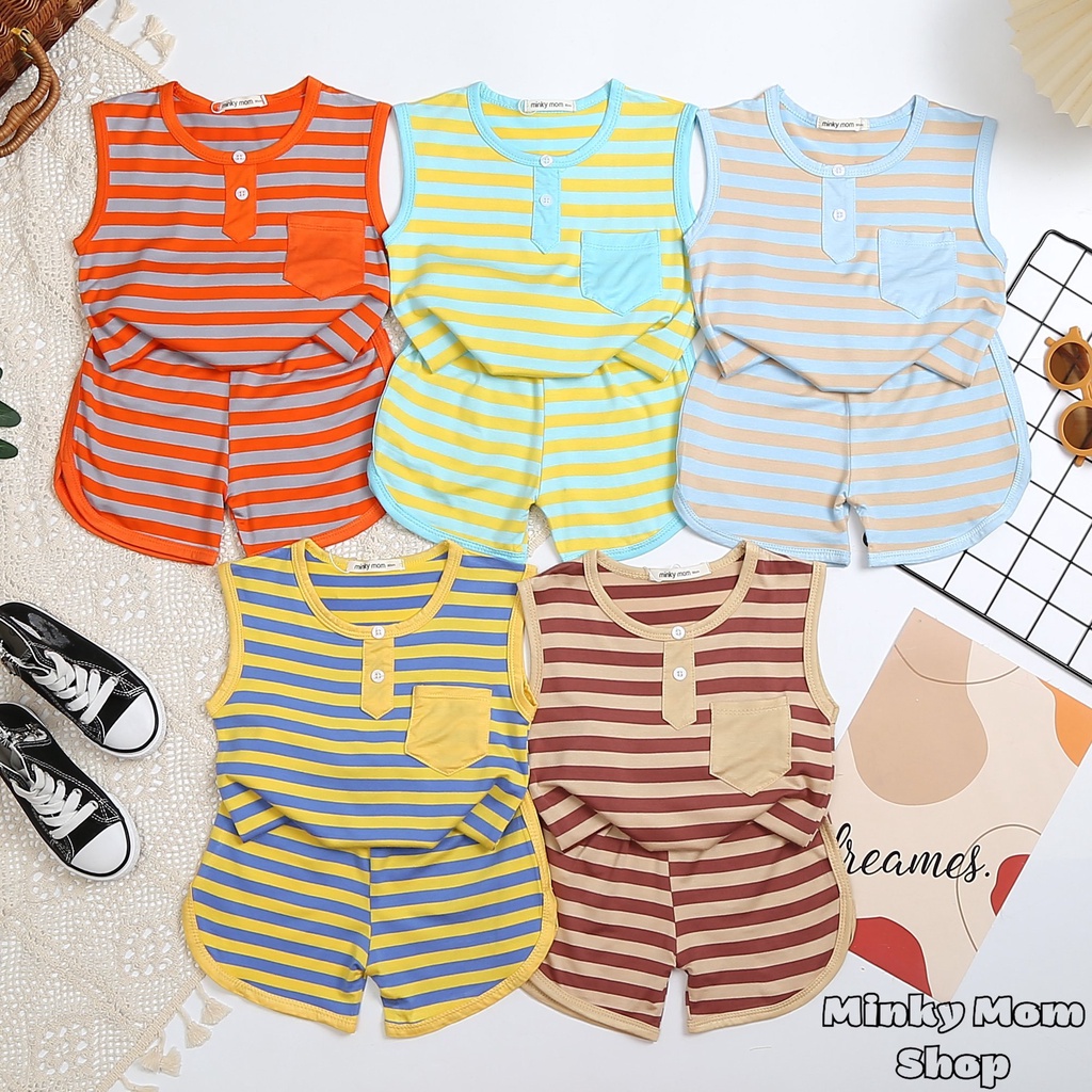 [Bé 7-29kg] Bộ ba lỗ thun sọc dệt Minky Mom mềm mịn mát cho bé trai bé gái [HÀNG CHUẨN]