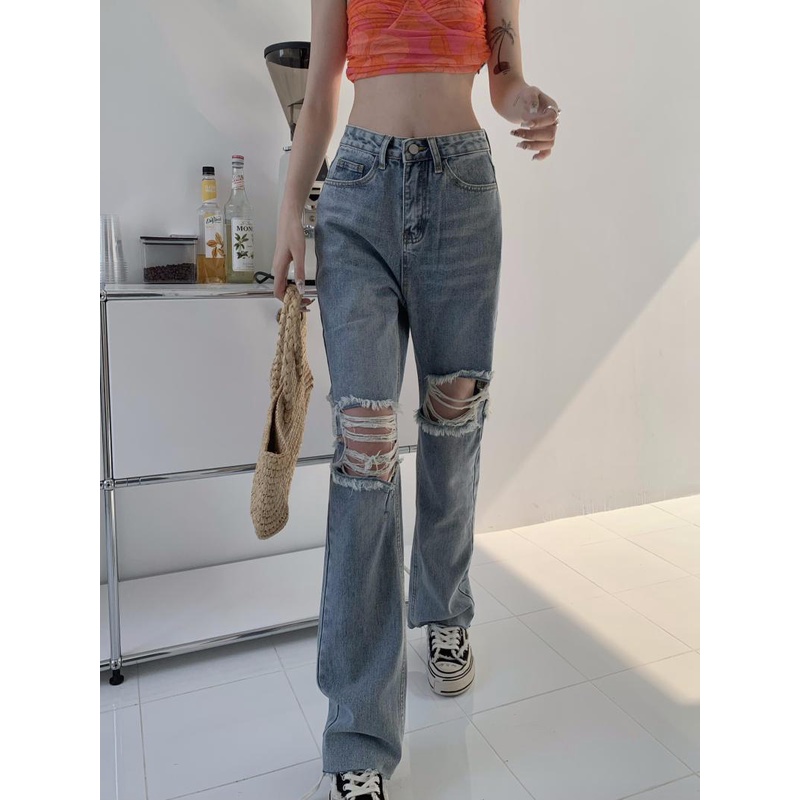 Jiashucheng Quần Jean Dài Rách Gối Phong Cách Retro Cá Tính Dành Cho Nữ