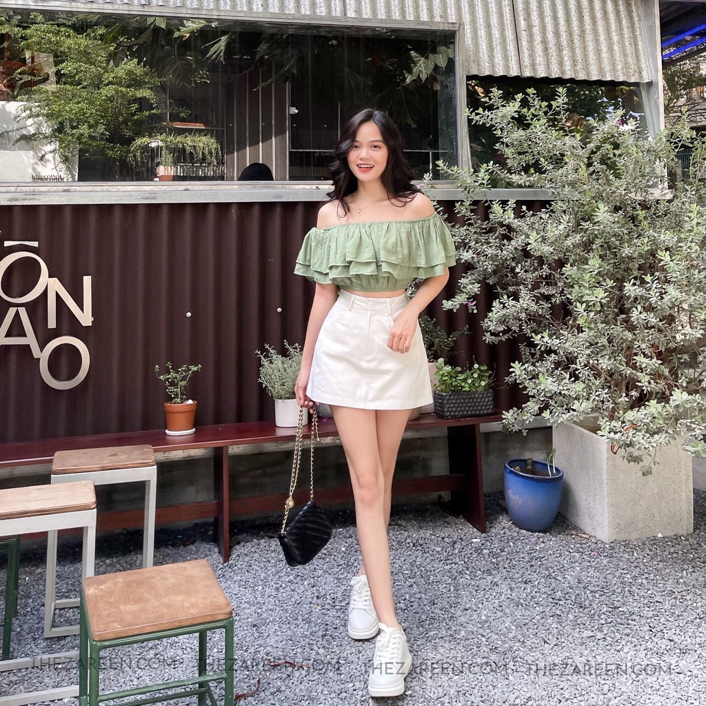 ÁO CROPTOP TRỄ VAI 2 TẦNG ZAREEN VOA78 XANH LÁ