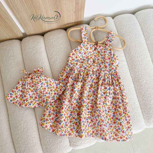 Váy 2 dây bản to  thiết kế dáng vintage TẶNG kèm MŨ chất liệu thô Hàn (KM22-VA213) Kakummi