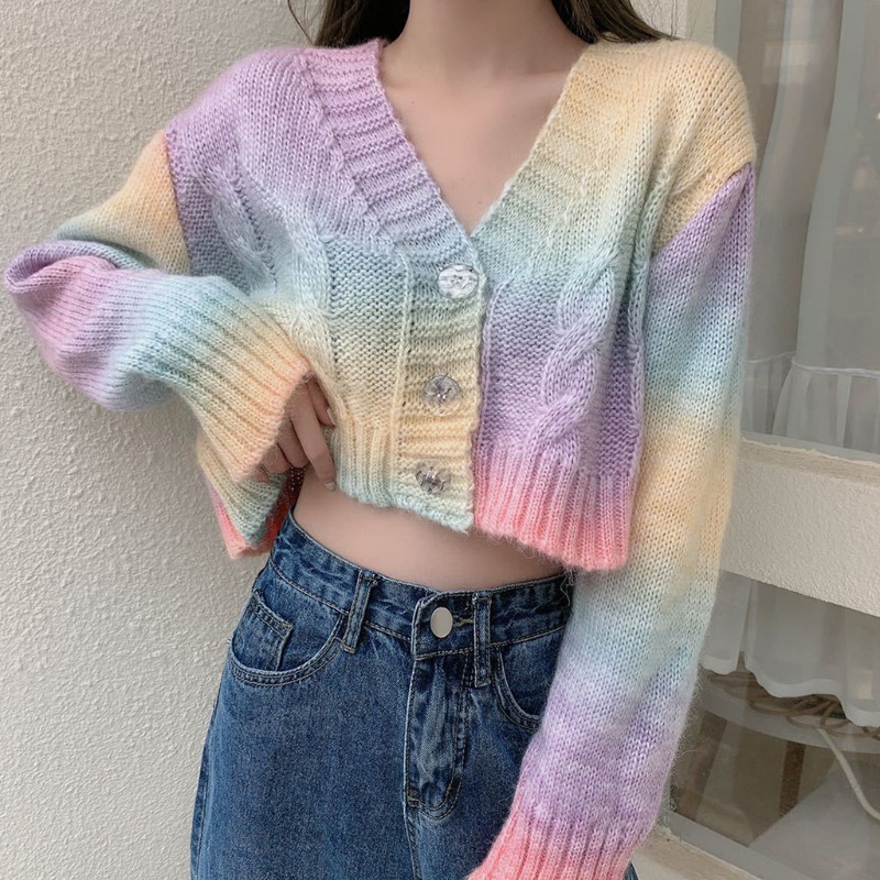 Áo Khoác Cardigan Dệt Kim Tay Dài Dáng Ngắn Phối Nút Thiết Kế Màu Nhuộm Thời Trang Cho Nữ