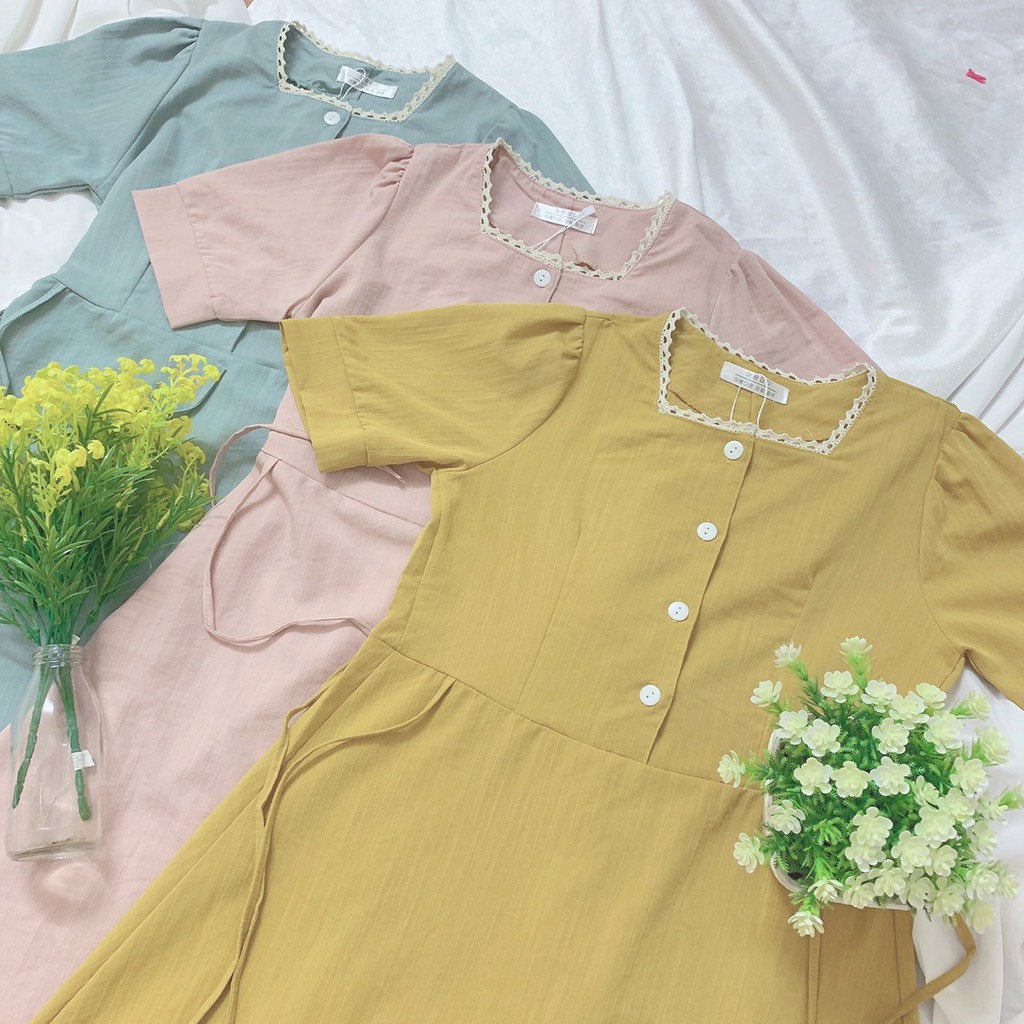 Đầm cổ vuông phối ren cúc hàng đơn thời trang Hàn Quốc
