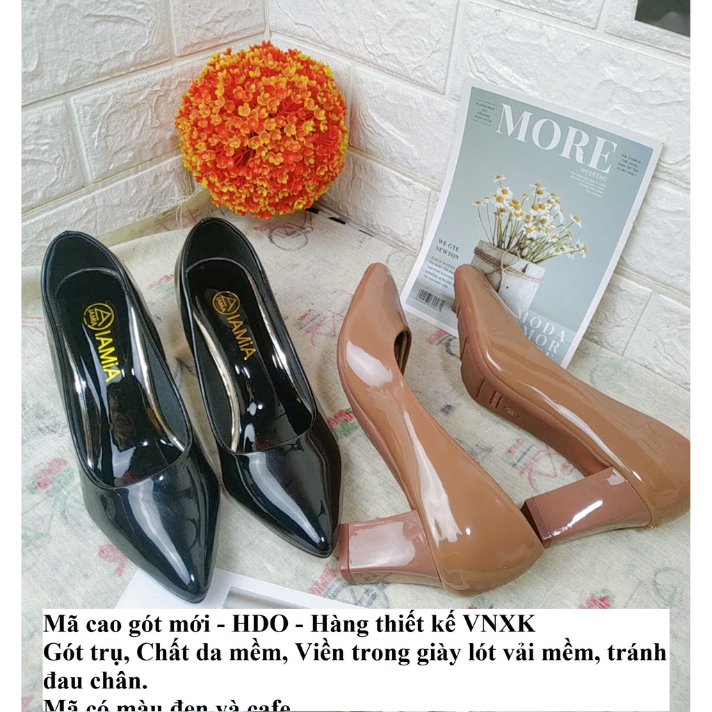 Giày Cao Gót Vuông Công Sở Da Bóng Gót Vuông Cao 5 Phân