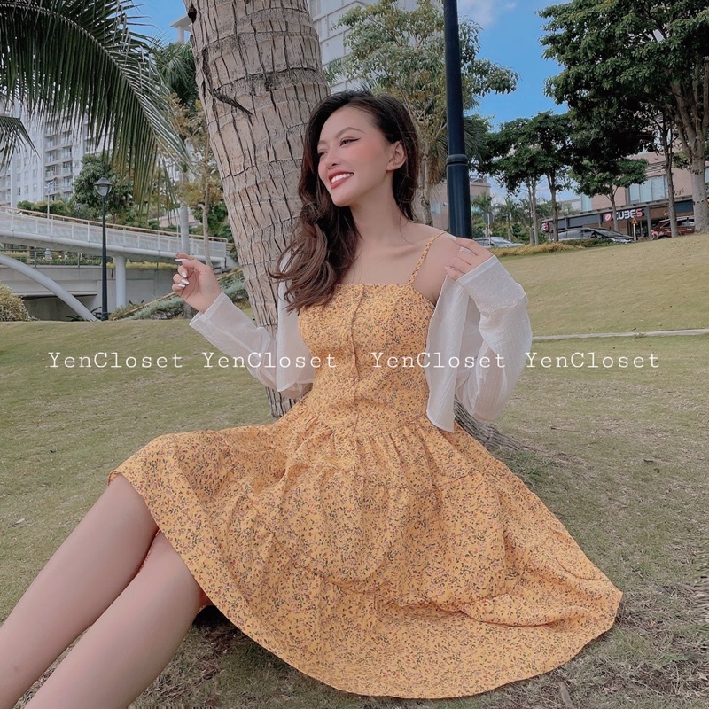 hình chính chủ YenCloset - đầm dây hoa vàng kèm áo khoác tươi tắn , xinh xắn