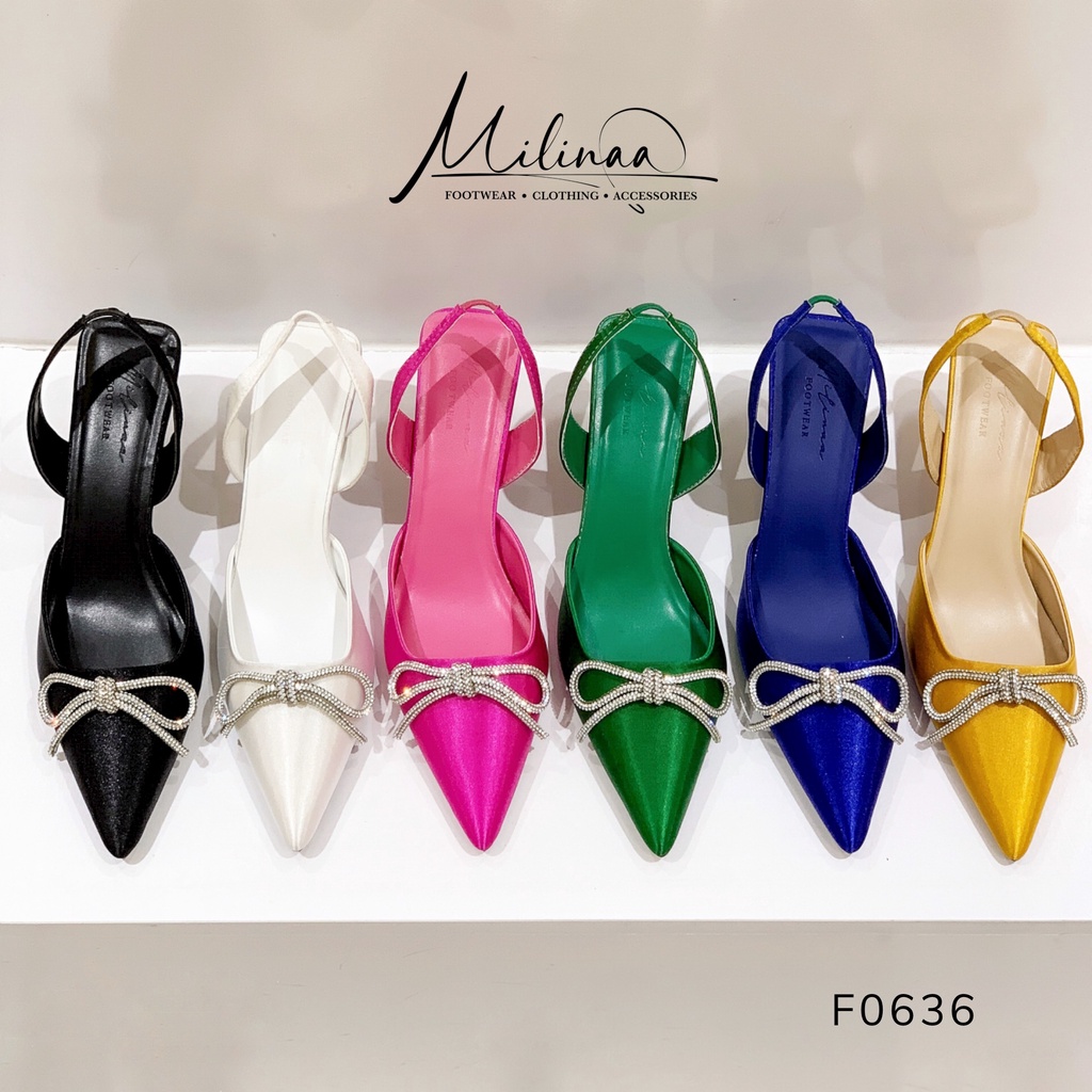GIÀY CAO GÓT NỮ SLINGBACK GÓT NHỌN 5P BÍT MŨI SATIN PHỐI NƠ XOÀN HỞ GÓT F0636