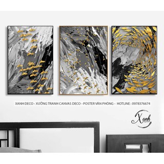 Tranh Canvas trừu tượng CHIM VÀNG - CÁ VÀNG trang trí nội thất 3 bức 50x70 cm gồm khung