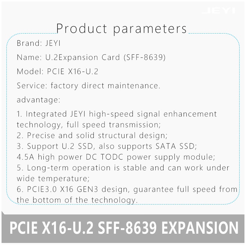 Card Chuyển Đổi Jeyi U2X16 Pci-Express 3.0 4x X16 Sang U.2 Sff-8639 Nvme Pcie Ssd Pci-E Sang U2 Card M.2 Ngff 2.5 'Ssd To Pci-E X16