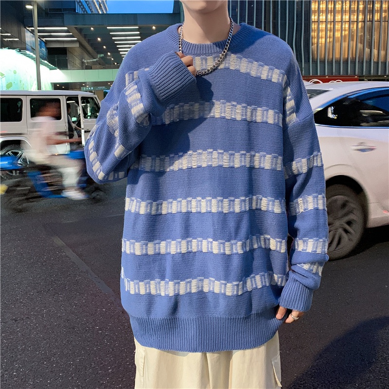 Áo Sweater Cổ Tròn Dáng Rộng Họa Tiết Kẻ Sọc Màu Sắc Đối Lập Phong Cách Harajuku Thời Trang Thu Đông Cho Nam
