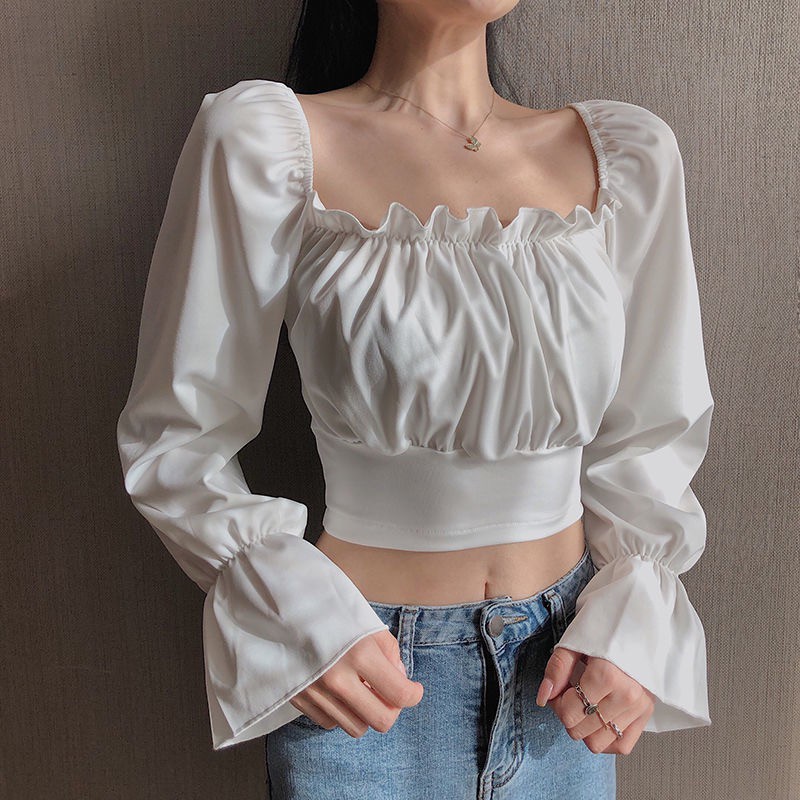 Áo Croptop Vải chiffon Tay Phồng Cổ Vuông Kiểu Hàn Quốc Xinh Xắn Cho Nữ