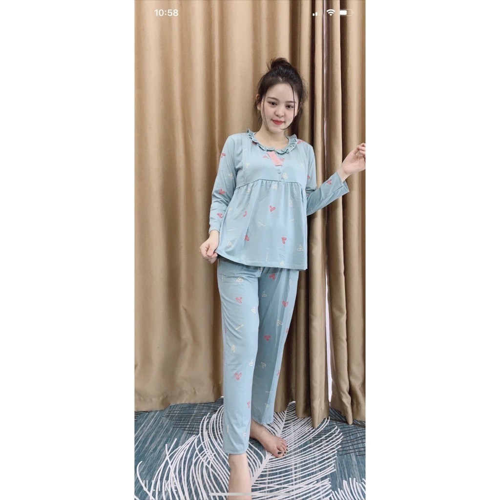 Bộ đồ bầu Tim cổ bèo Dài tay chất cotton cho các mẹ bầu mặc sau sinh, có khoá kéo ti cho con bú BD904