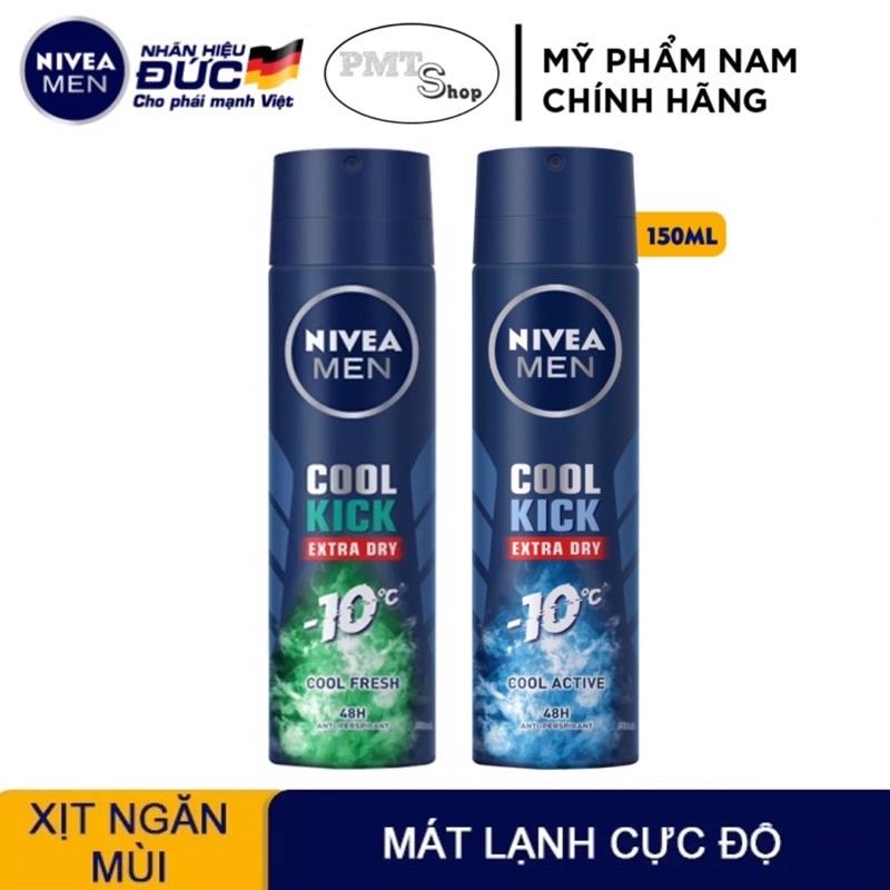 Combo 2 Xịt ngăn mùi nam NIVEA MEN Cool Kick 150ml x 2 chai Mát Lạnh - Thơm năng động Extra Dry Cool Active