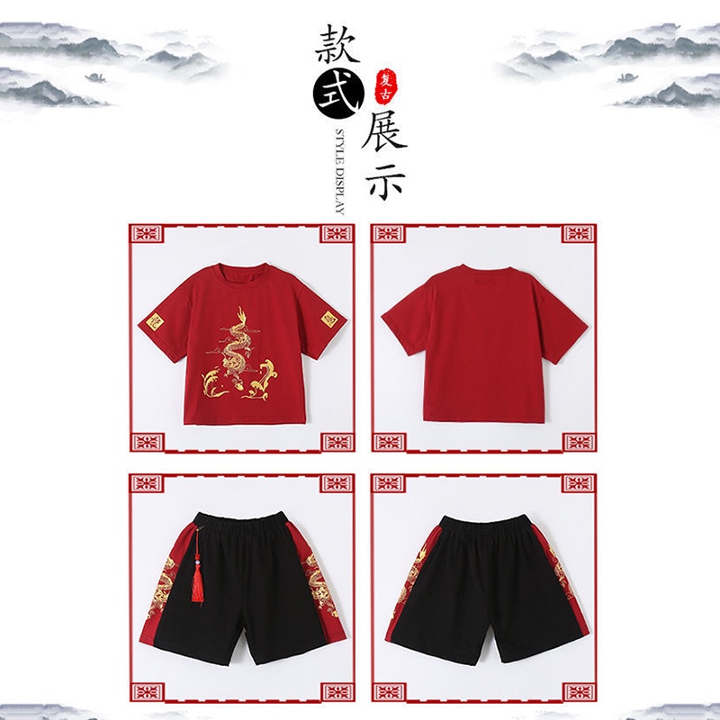 Set trang phục SANTIKUN áo thun tay ngắn họa tiết rồng và quần đùi phong cách Trung Hoa năm mới xinh xắn cho bé