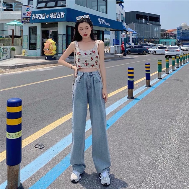 [ ORDER ] Áo croptop hai dây len hoạ tiết hoa và quần jean ống rộng ulzzang