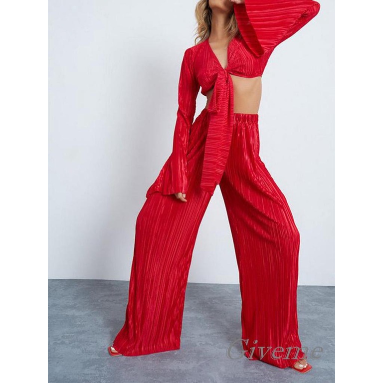 Set Áo Lửng Hai Dây Cổ V Sâu + Quần Dài Ống Rộng Thời Trang Nữ