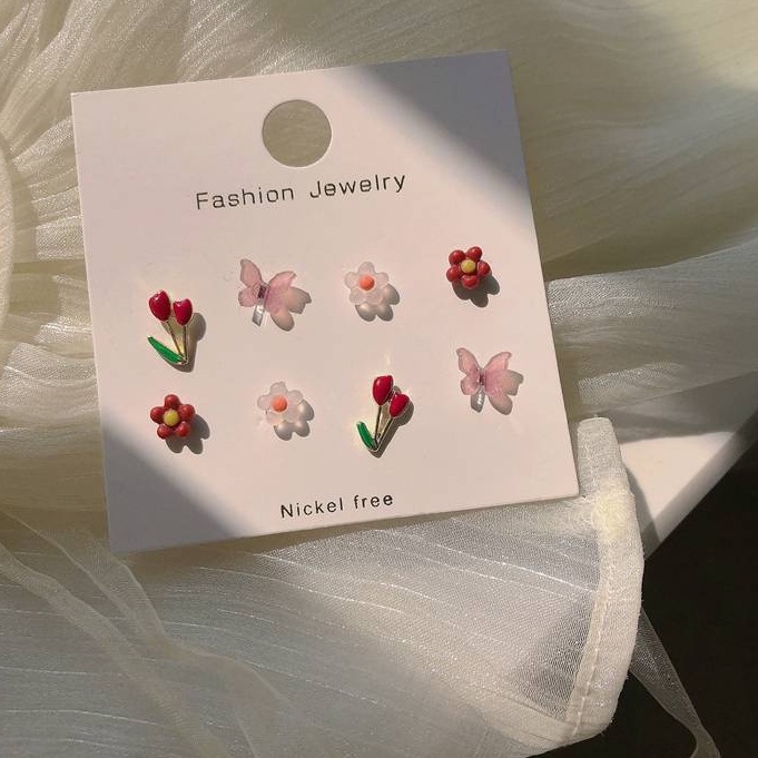 4 đôi khuyên tai hình hoa tulip/ bướm đơn giản phong cách Hàn Quốc cho nữ