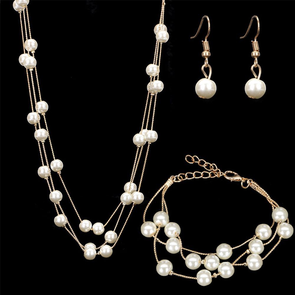 Bộ trang sức vòng cổ + vòng tay + khuyên tai đính ngọc trai phong cách Hàn Quốc cho nữ