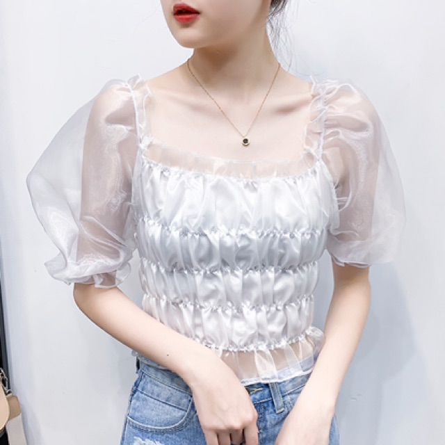Áo croptop hồng, trễ vai, tay phồng ELLA TOP | BigBuy360 - bigbuy360.vn