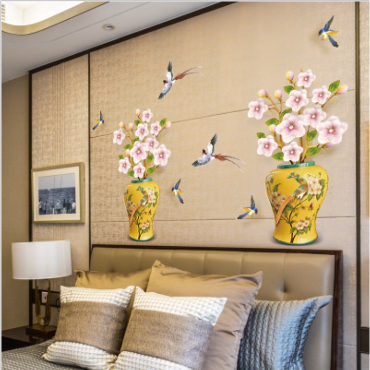 Decal trang trí tường - Chậu hoa vàng Hoa Mai hồng trắng nổi bật
