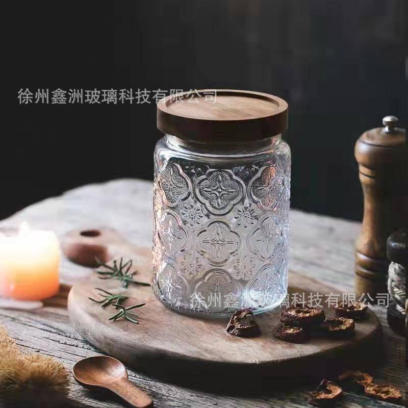 Hũ Thủy Tinh Đựng Gia Vị Dập Nổi Họa Tiết Dập Nổi Cổ Điển Nhật Bản Có Nắp Đậy Kín Đựng Trái Cây / Đồ Ăn Vặt Bằng Gỗ Cho Nhà Bếp
