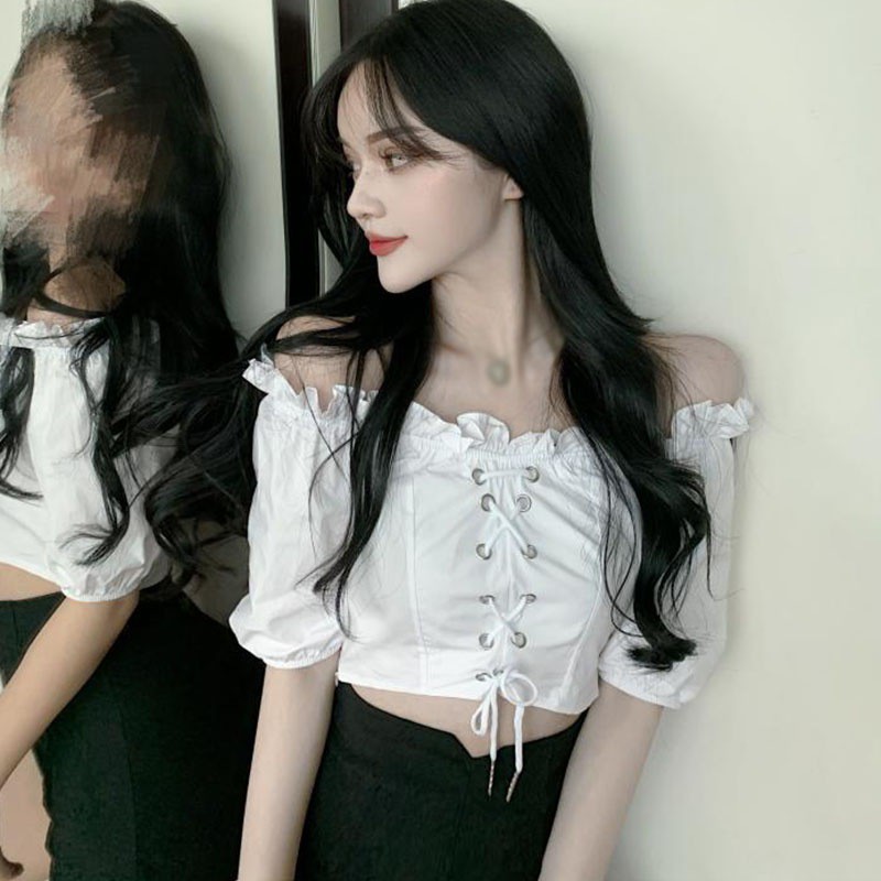Áo Kiểu Tay Ngắn Trễ Vai Quyến Rũ Thời Trang Theo Phong Cách Retro