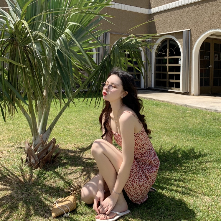 SUXI Đầm tiệc hai dây in họa tiết hoa thời trang Hàn Quốc