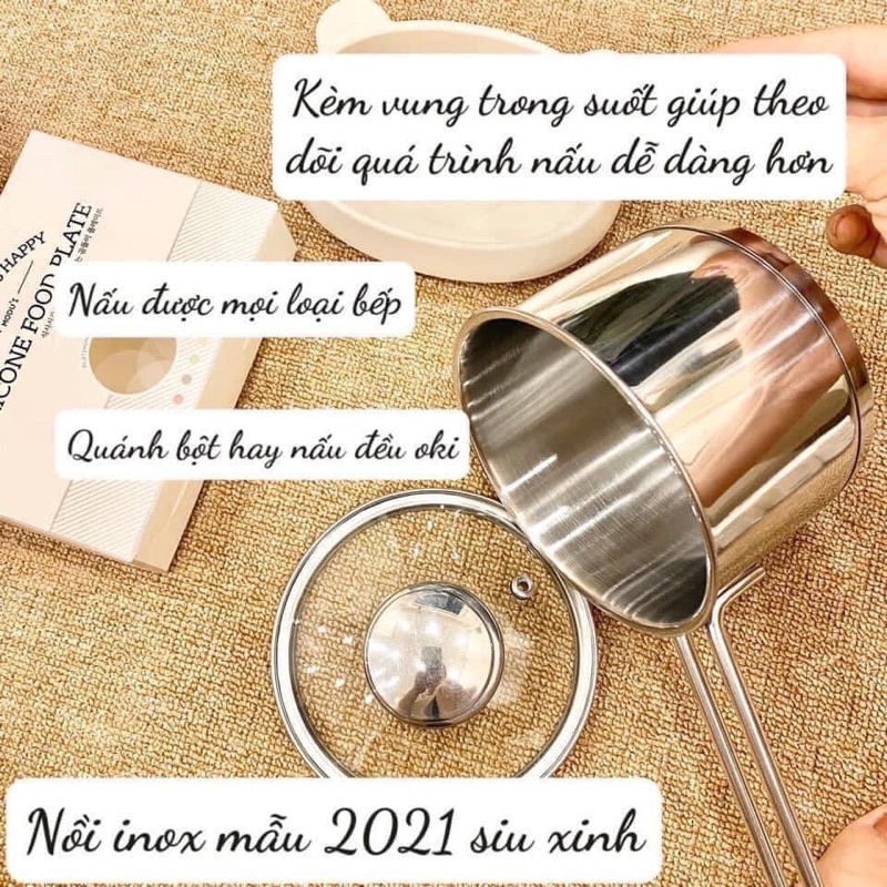 Bộ nồi Inox kèm xửng hấp Milk Pot 16cm nấu cháo, đồ ăn dặm cho bé | Nồi kiêm hấp đồ ăn dặm cho bé
