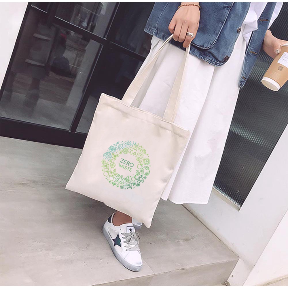 Túi Vải Tote GINKO Kiểu Basic dây kéo In Hình Zero Waste