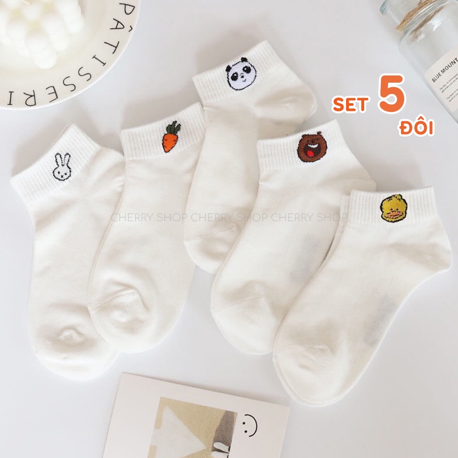 Tất vớ cổ ngắn nữ màu trắng họa tiết trái cây dễ thương thời trang Unisex Hàn Quốc - Only Store