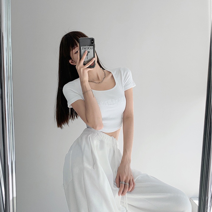 Áo Thun Croptop Ngắn Tay Cổ Vuông Thêu Chữ Phong Cách Hàn Quốc Thời Trang Cho Nữ