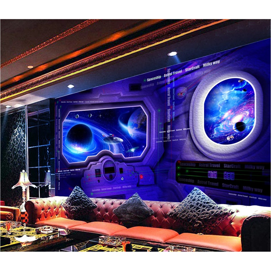 Giấy Dán Tường 3D Hình Tàu Không Gian Vũ Trụ Độc Đáo