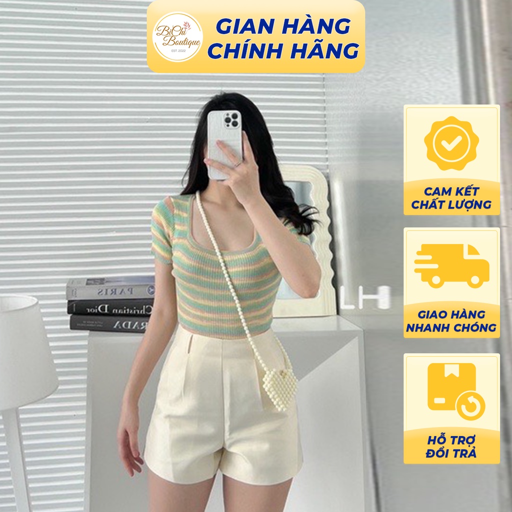 Áo len dệt kim thiết kế cổ vuông tay ngắn form dáng croptop phong cách Hàn Quốc - Bichi Boutique