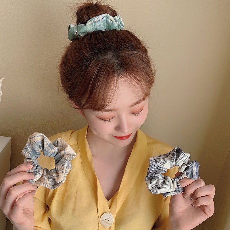 Dây cột tóc vải {scrunchies} họa tiết caro màu xinh xắn phong cách học sinh, teen girl Hàn Quốc