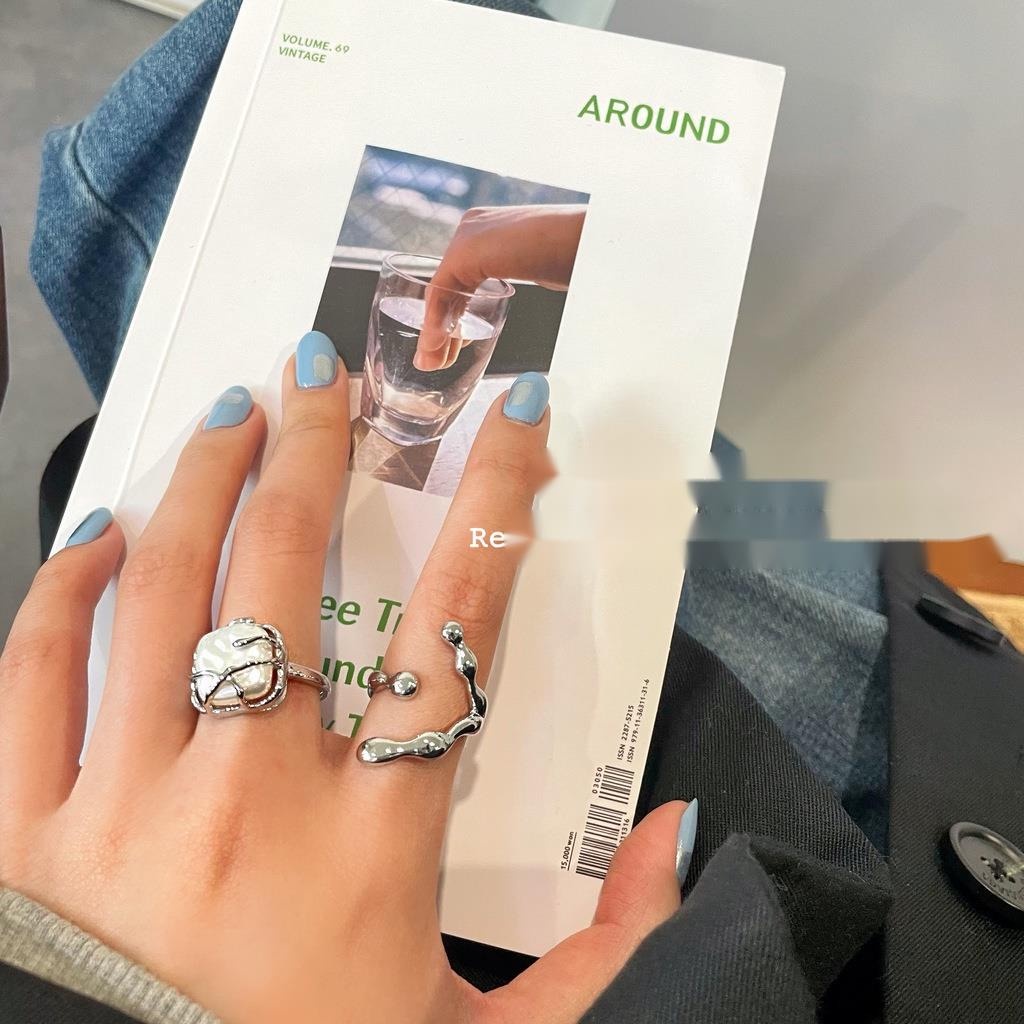 Nhẫn Kim Loại Đính Hạt Ngọc Trai Hình Vuông Phong Cách Hàn Quốc