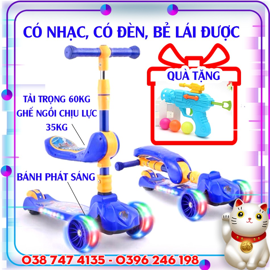 Xe Trượt Scooter Cho Bé Có Ghế Ngồi Có Nhạc, bánh phát sáng  - dành cho trẻ từ 2 tuổi – 14 tuổi (BẢO HÀNH 6 THÁNG)