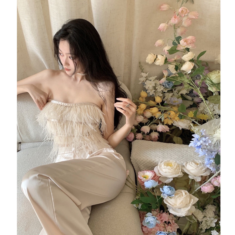 Áo cúp ngực ngắn bó chặt tua rua và quần cạp cao ống rộng thời trang mùa hè cho nữ