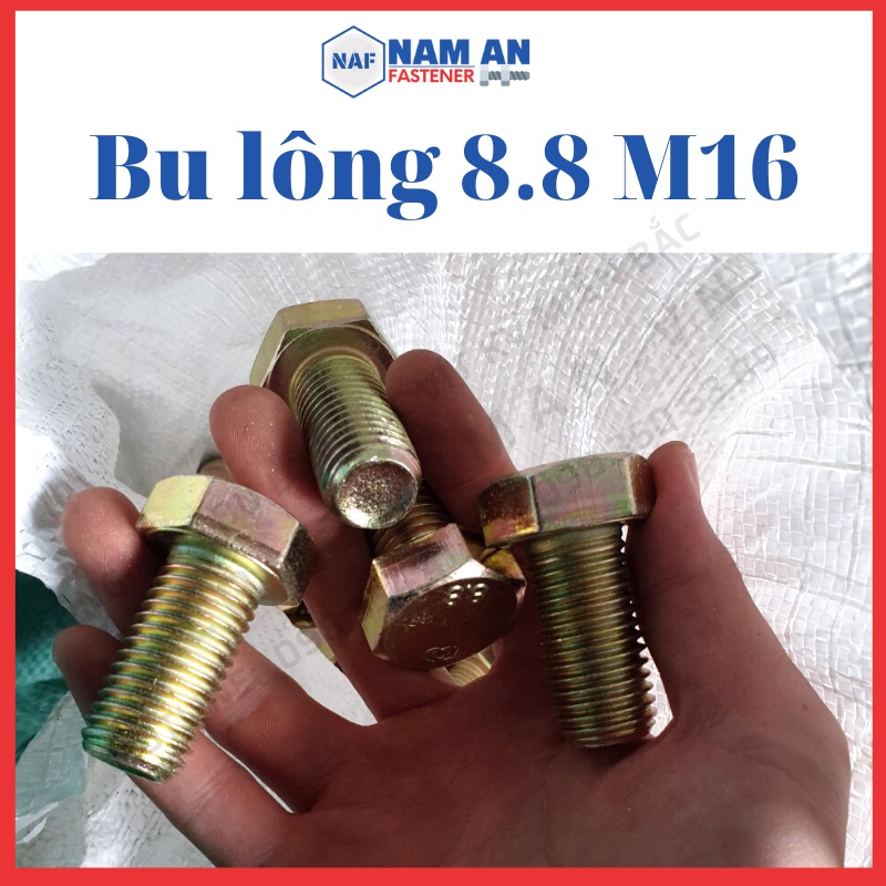 Bulong M16 cấp bền 8.8, bu lông lục giác M16, độ dài: 30->200 mm. Màu: Đen, Vàng, Trắng