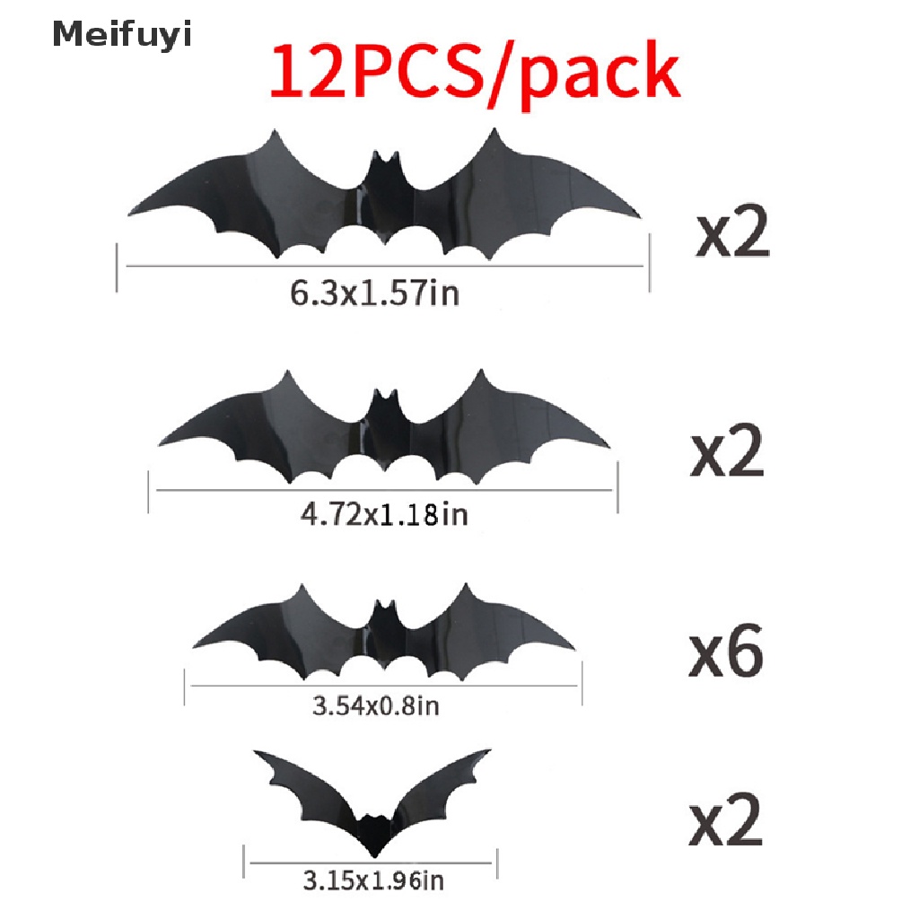 Bộ 12 Miếng Dán PVC Hình Dơi 3D Màu Đen Trang Trí Tiệc Halloween